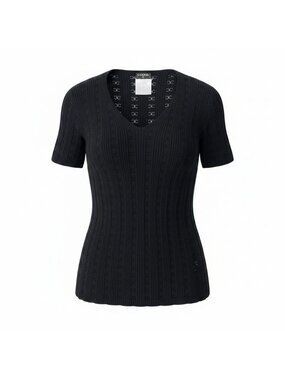 Chanel Ce8 CC Logo Jacquard Tight Knit Top 42 Black Cotton 100 Top Sweater